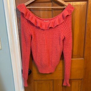 Anthropologie Pink Off-the-Shoulder Ruffle Sweater